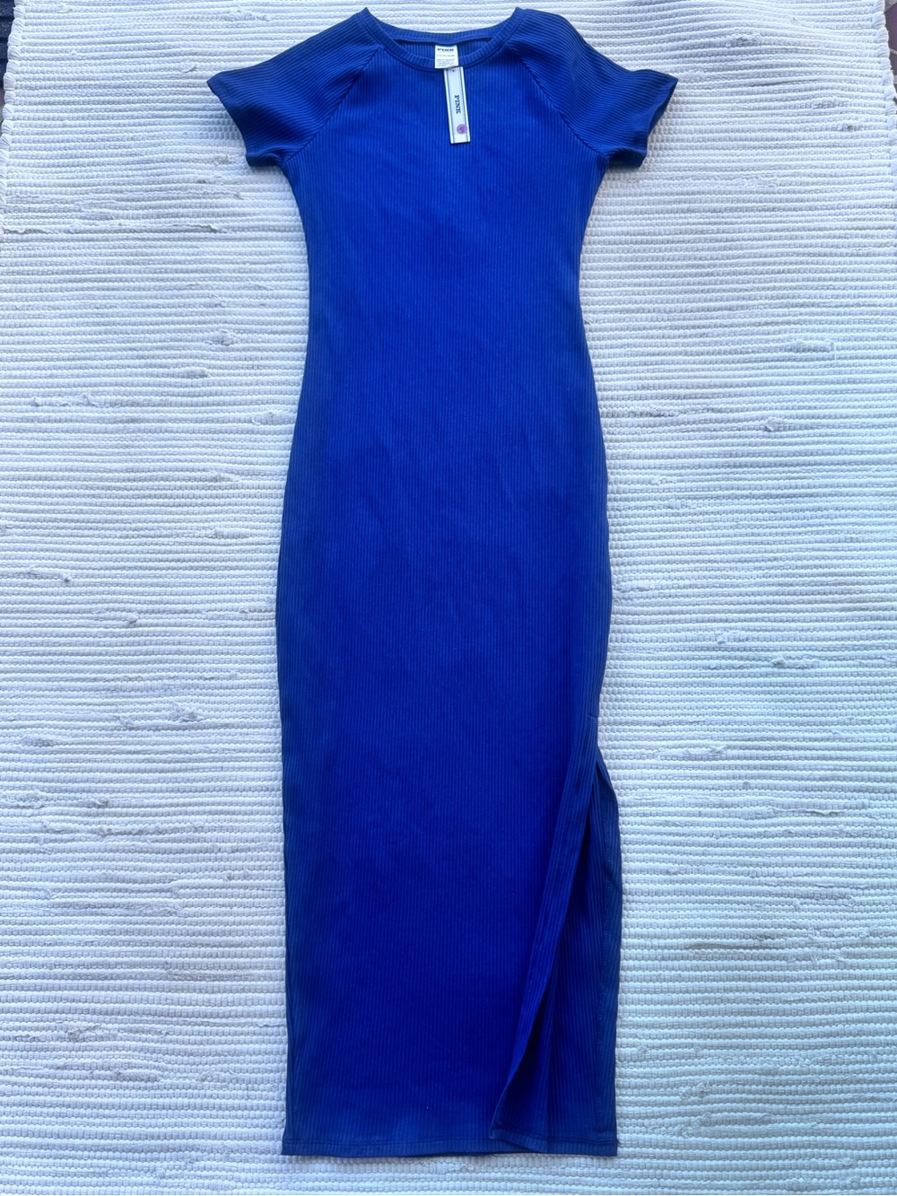 PINK Victoria’s Secret Ribbed Blue Midi Bodycon Dress Side Slit NWT Small - Picture 2 of 11